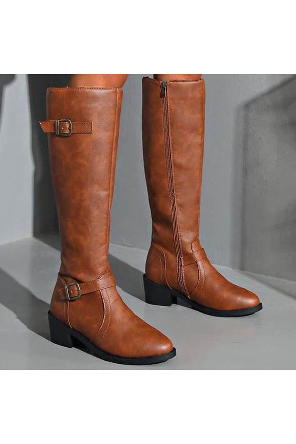 Womens Booties Knee-High Dress Bronze Western Side Zip Buckles Low Heel Cowboy Boots Woman Shoes 41