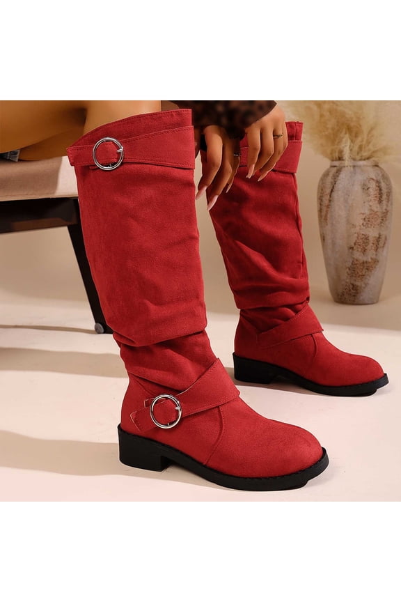 Womens Booties Knee-High Red Slouch Wide Calf Buckle Pull-on Low Heel Dress Shoes Women Shoes 37