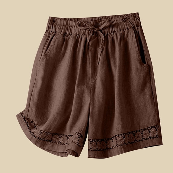 NTACZA Womens Cotton Linen Shorts Drawstring Embroidered Shorts Boho Elastic Waist Shorts Ladies XXXL