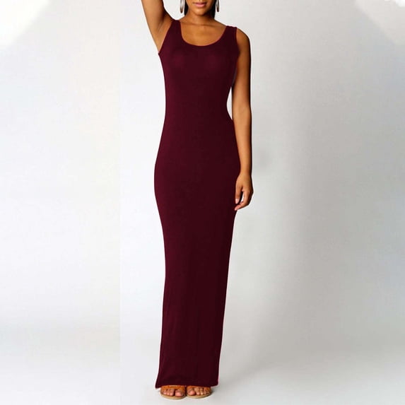NTACZA Womens Dresses Elegant Wedding Guest Dresses Sleeveless Formal Long Dress Tank Dress Bodycon Crew Neck Party Wine