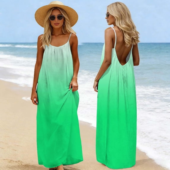 NTACZA Womens Dresses Maxi Spaghetti Strap Backless Cami Dress Gradient Ladies Lounge Sleeveless Sundress L