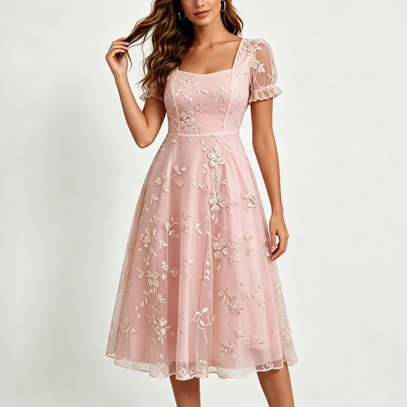 NTACZA Womens Dresses Midi Dressy Wedding Guest Dresses Square Neckline A-Line Mesh Embroidered Pink XXL