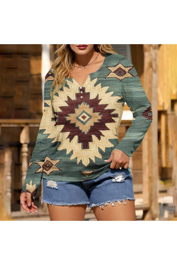 Womens Long Sleeve Tops Aztec Boho V Neck T Shirt Long Sleeve Vintage Novelty Womens Shirts L