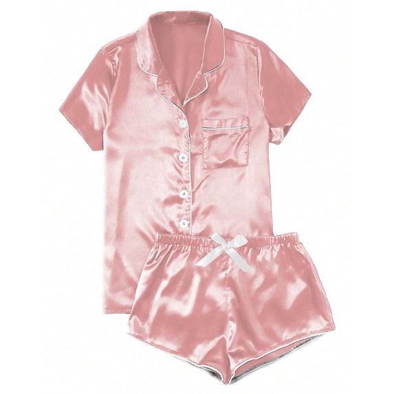 NTACZA Womens Pajamas Satin Button up Notch Collar Sleepwear Sets Top and Shorts Solid Loungewear Silky 2 Piece Pink XS