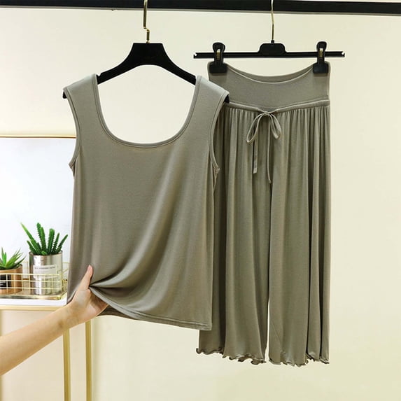 NTACZA Womens Pajamas Sleepwear Sets Tank Top and Capris Pants Modal Square Neck Soft Ruffle Solid Homewear 2 Piece Nightwear Green XL