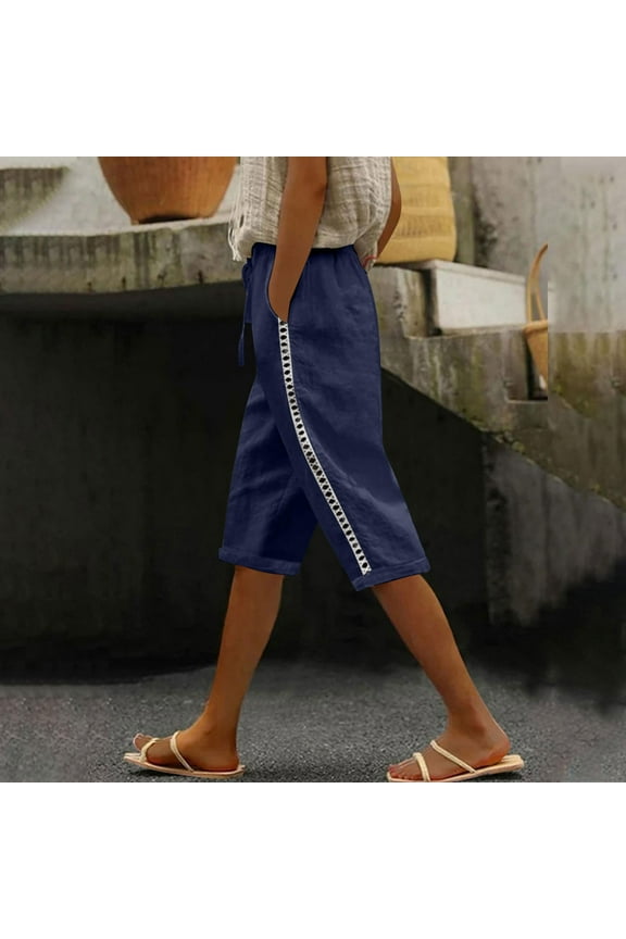 Womens Pants Solid Cotton Linen Cuffed Blue Elastic High Waist Capris Plus Size Women Trousers 2x