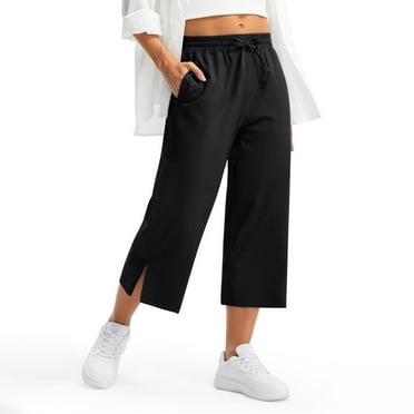 NTACZA Womens Plus Size Pants Clearance 5 Black Solid Loose Cropped Elastic High Waist Capris Jogger Pants for Women 2X
