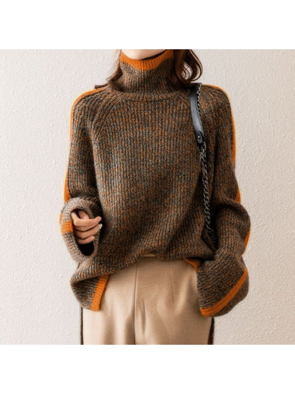 Womens Plus Size Sweaters Elegant Thick Mock Neck Orange Sweaters Holiday Thermal Loose Fit Women Jumper S
