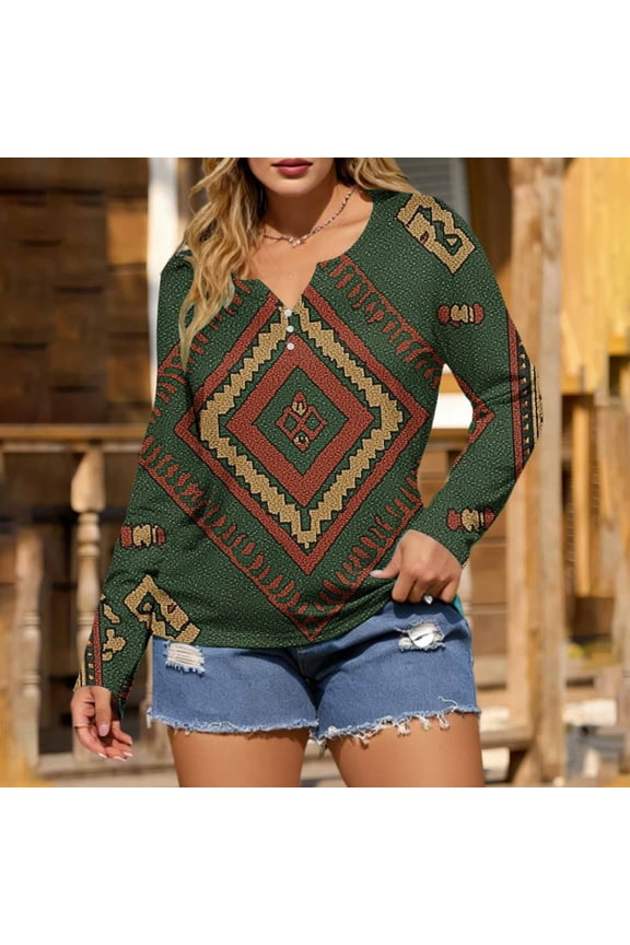 Womens Spring Tops Boho V Neck Aztec Graphic Tees Country Long Sleeve Vintage Womens Summer Shirts L
