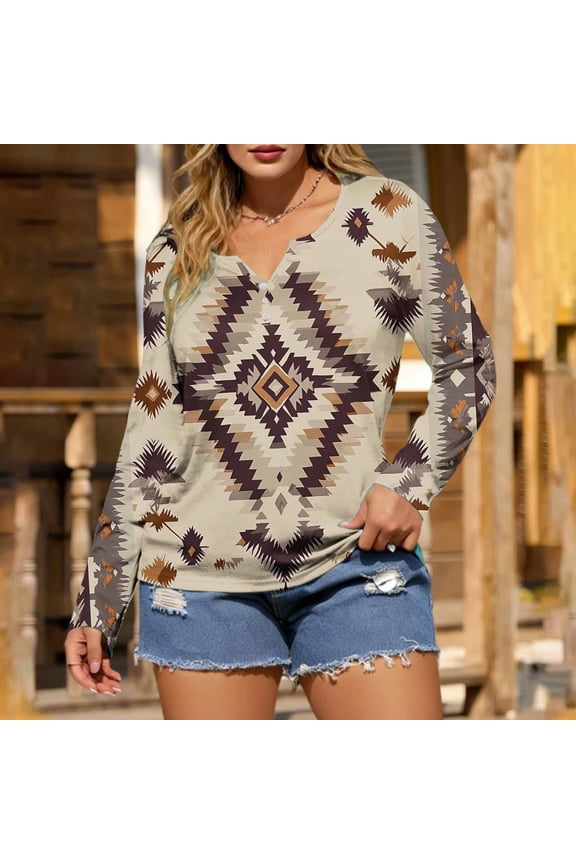 Womens Spring Tops Retro V Neck Aztec T-Shirt Funny Graphic Long Sleeve Shirts for Women Trendy L