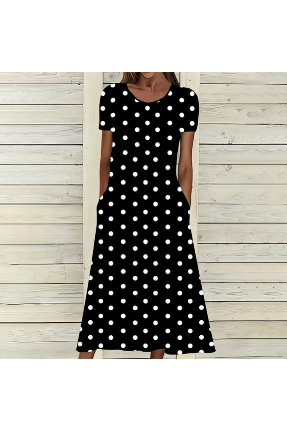 Womens Summer Dresses Maxi Polka Dot Smock Dresses Long Women Short Sleeve Empire Waist Sundress XXL