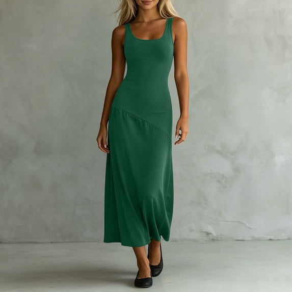 NTACZA Womens Summer Dresses Maxi Sleeveless Sleeveless Casual Square Neckline Vacation Sheath Green XL