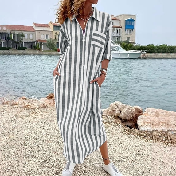 NTACZA Womens Summer Dresses Striped Casual Maxi Shirt Dress 3/4 Sleeve Loose Collared Vacation Size XXL