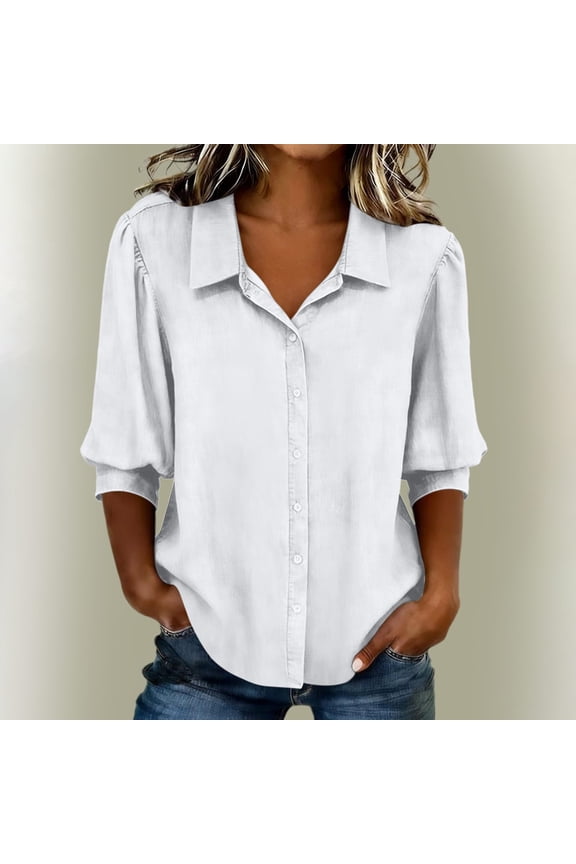 Womens Summer&nbsp;Tops Casual Button Down Shirts Solid Collared Blouse Relaxed Fit 3/4 Sleeve Blouson White