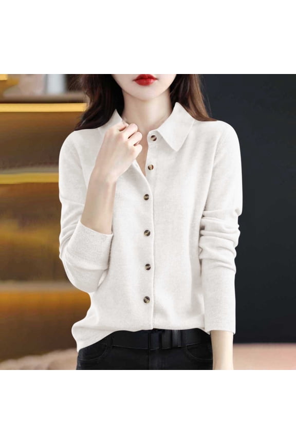 Womens Sweaters Elegant Business Beige Button Down Sweater Blouse Solid Work Long Sleeve Knit Tops Women Jumper L