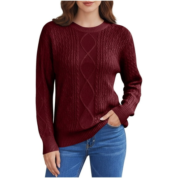 NTACZA Womens Sweaters Plus Size Crewneck Cable Knit Red Sweaters Pullover Loose Fit Thermal Knit Tops Womens Jumper S