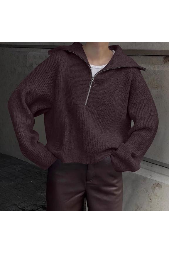 Womens Sweaters Plus Size Quarter Zip Brown Zip Mock Neck Sweaters Collared Holiday Batwing Jumper for Women S