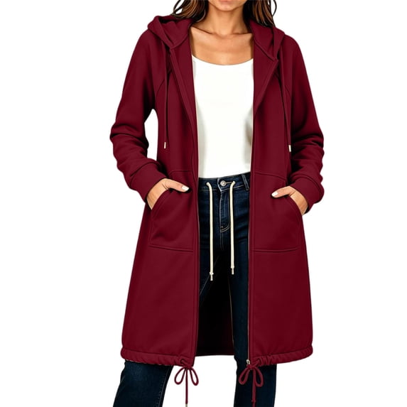 NTACZA Womens Sweatshirt Drawstring Long Sweatshirt Hoodies Zip Up Comfort Long Sleeve Coat with Pockets Outerwear Red S