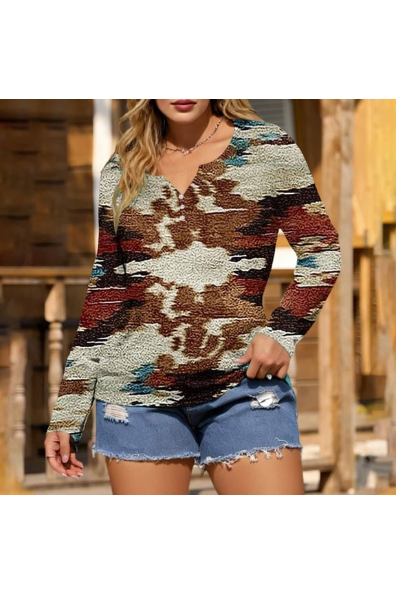 Womens Tops Casual Cowgirl Aztec V Neck T-Shirt Funny Long Sleeve Western Womens Summer Shirts XXL
