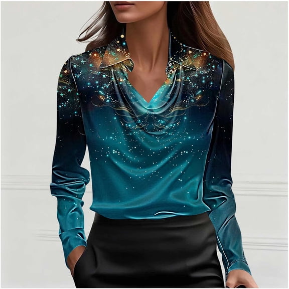 NTACZA Womens Tops Fall Business Graphic Satin Blouse Loose Fitting Dressy Long Sleeve Polos Women Blouses 3XL
