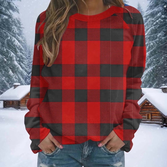 NTACZA Womens Tops Trendy Plaid Crewneck Red Plus Size Sweatshirts Loose Fitting Long Sleeve Soft Shirts Womens Blouses XL