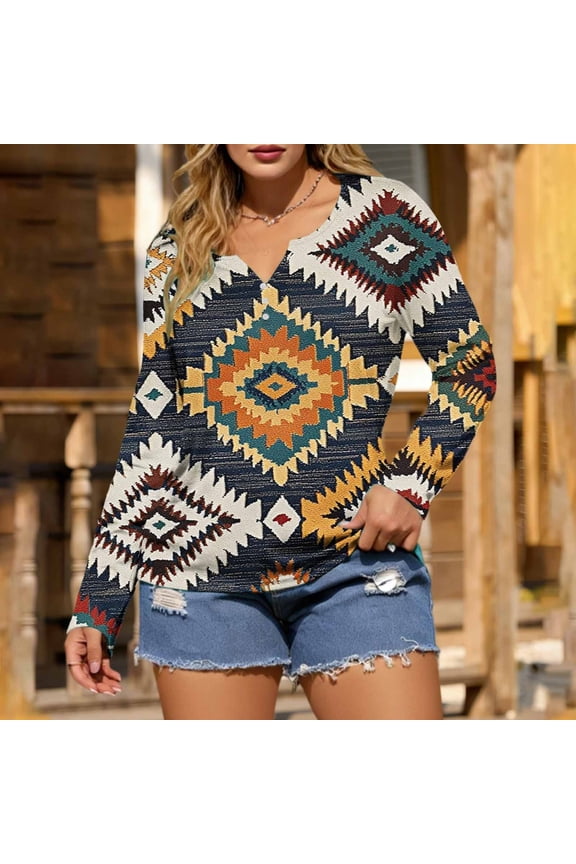 Womens Tops V Neck Aztec Cowgirl T-Shirt Long Sleeve Retro Country Women Shirts XL
