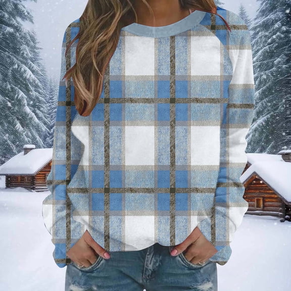 NTACZA Womens Winter Tops Crewneck Blue Long Sleeve Plaid Sweatshirt Loose Holiday Pullover Shirt Women Blouses S