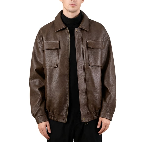 NTACZA Zip Up Mens Winter Jacket Faux Leather Lapel Brown Jacket Pu Vintage Moto Coat Mens Fall Coats XXL