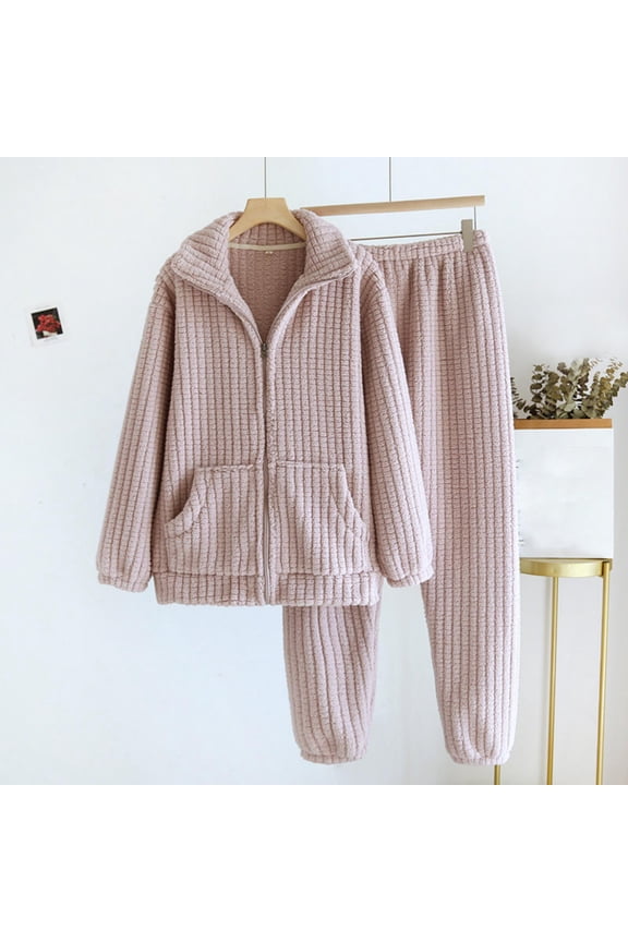 Zip Up Pjs Sets for Woman Fluffy Button Down Pj Sets Fleece Plush Thermal Women Lounge Set M