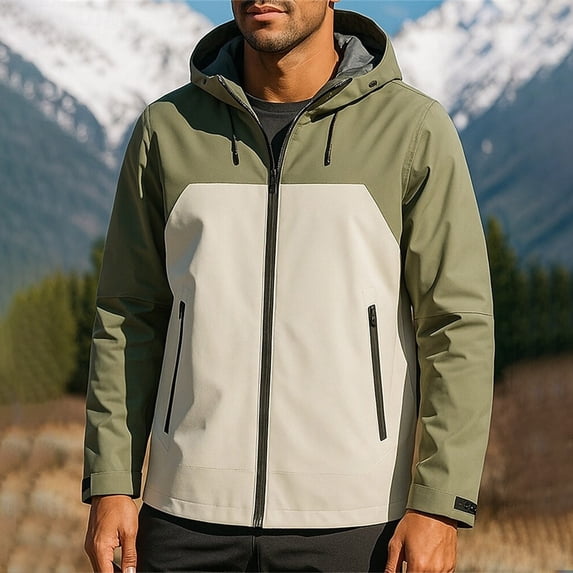 NTACZA Zip Up Winter Jackets for Men Beige Hooded Waterproof Windbreaker Outdoor Color Block Rain Jacket Fall Men Coats 4X