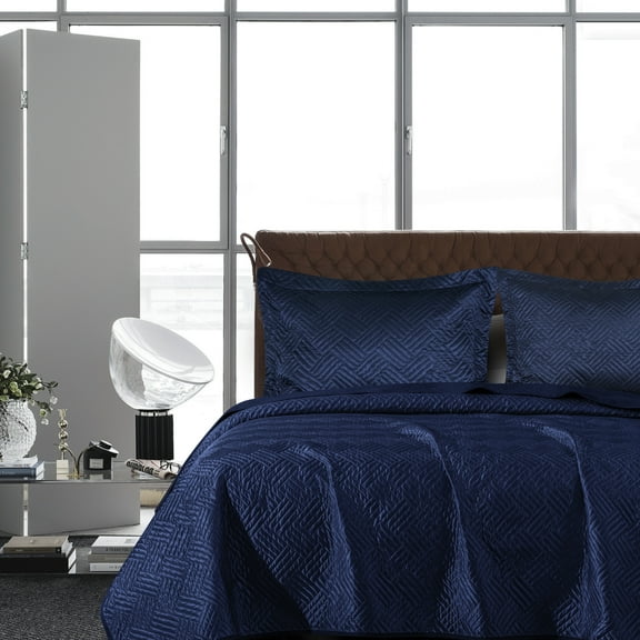NTBAY 2 Pieces Silk Satin Twin Quilt Set, Luxury Bedspread Coverlet Set, 68"x92", Navy Blue