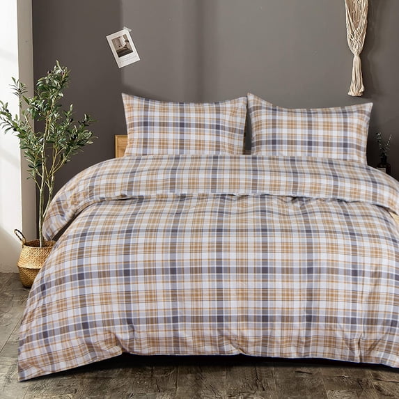 NTBAY 2 Pieces Washed Cotton Twin Duvet Cover Set, Breathable Zipper Closure Comforter Cover Set for Kids, Yellow Plaid