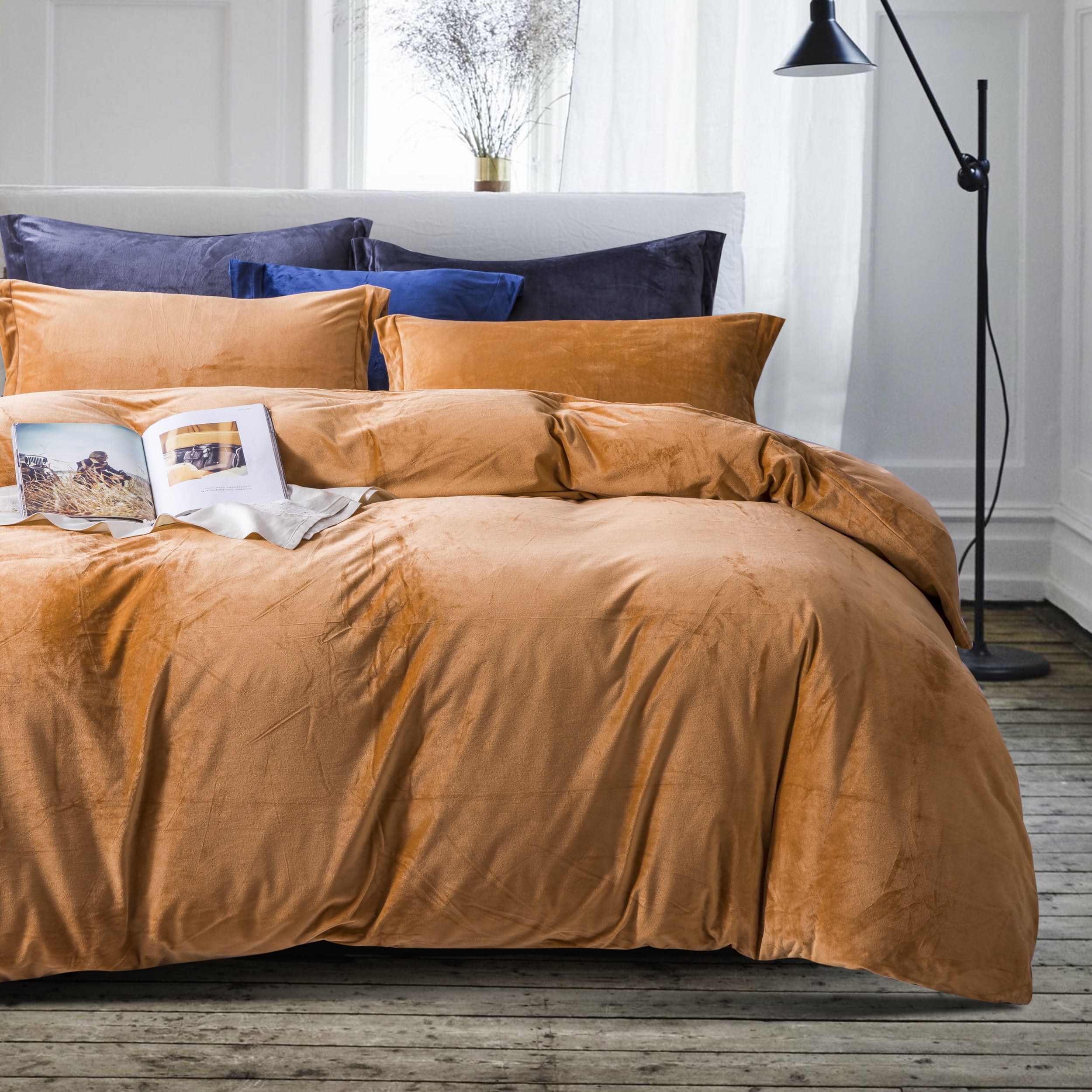 NTBAY 3 Piece Velvet Queen Duvet Cover Set with Zipper Closure and Corner Tie, Ultra Soft and Luxury Comforter Cover Set, 90"x90", Camel