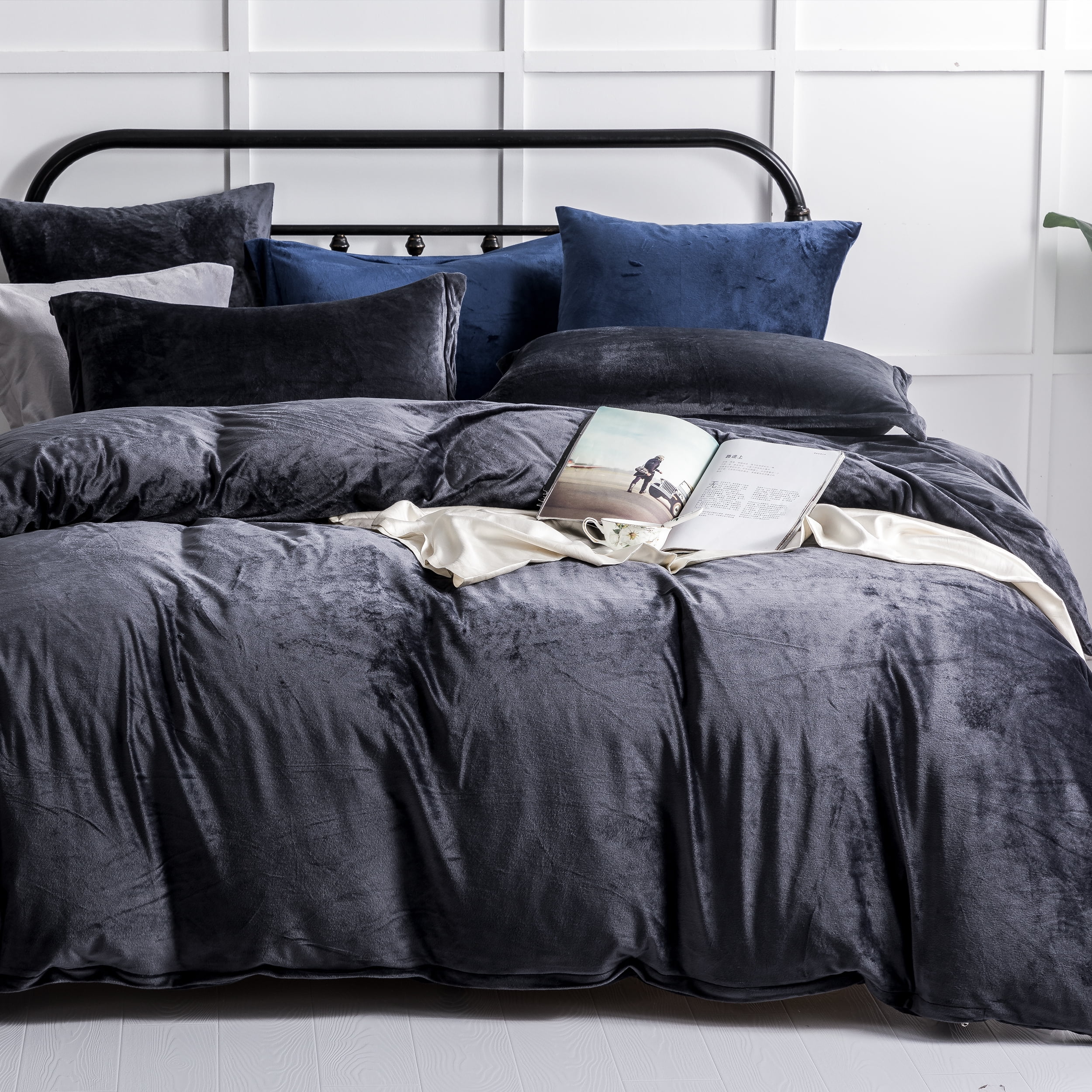 NTBAY 3 Piece Velvet Queen Duvet Cover Set with Zipper Closure and Corner Tie, Ultra Soft and Luxury Comforter Cover Set, 90"x90", Charcoal Gray