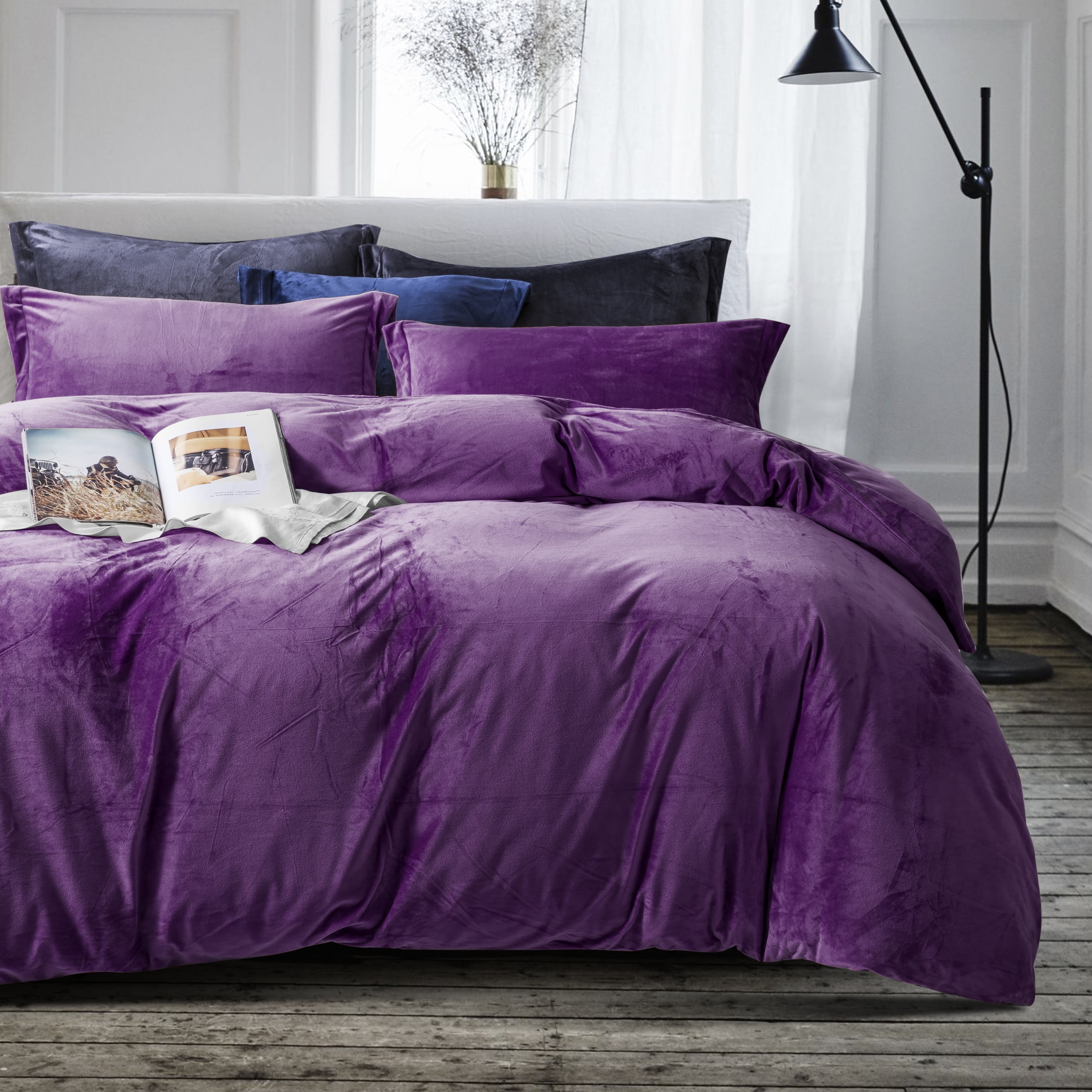 NTBAY 3 Piece Velvet Queen Duvet Cover Set with Zipper Closure and Corner Tie, Ultra Soft and Luxury Comforter Cover Set, 90"x90", Purple