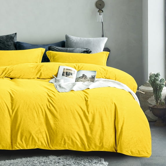 NTBAY 3 Piece Velvet Queen Duvet Cover Set with Zipper Closure and Corner Tie, Ultra Soft and Luxury Comforter Cover Set, 90"x90", Yellow