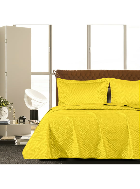 NTBAY 3 Pieces Silk Satin Queen Quilt Set, Luxury Bedspread Coverlet Set, 90"x92", Yellow