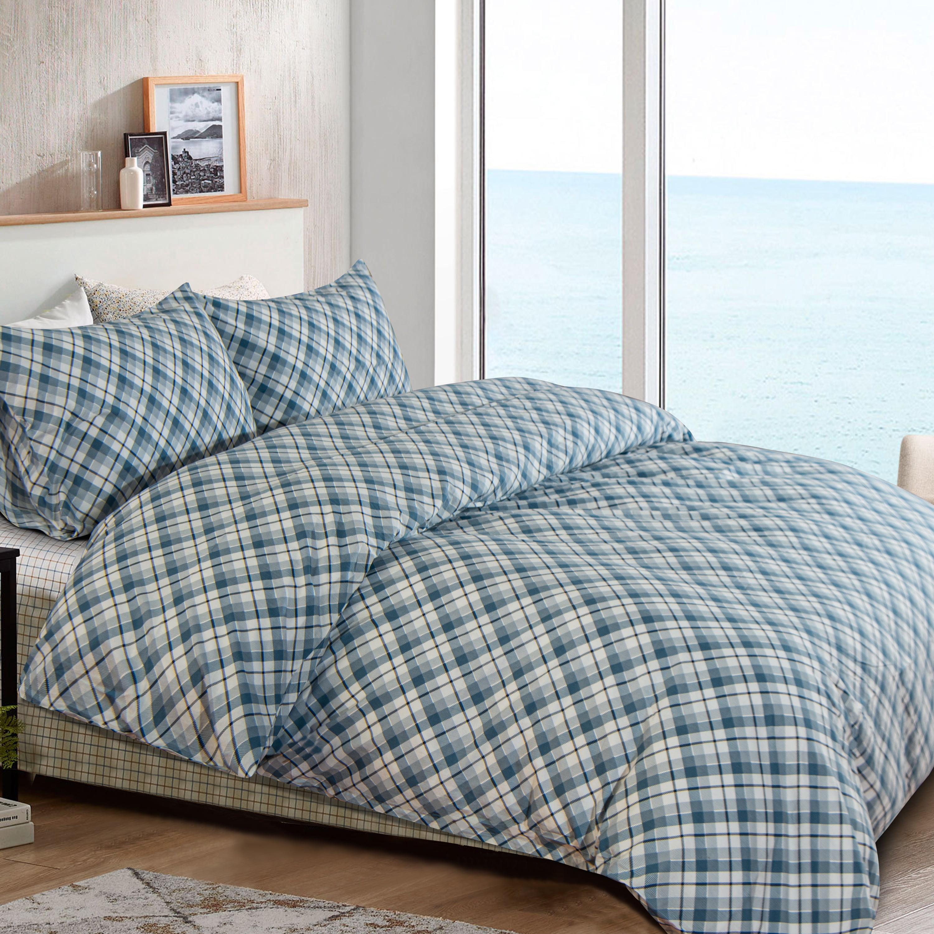 NTBAY 3 Pieces Washed Cotton Queen Duvet Cover Set, Breathable Zipper Closure Comforter Cover Set for Kids, Blue Plaid