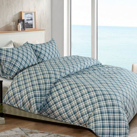 NTBAY 3 Pieces Washed Cotton Queen Duvet Cover Set, Breathable Zipper Closure Comforter Cover Set for Kids, Blue Plaid