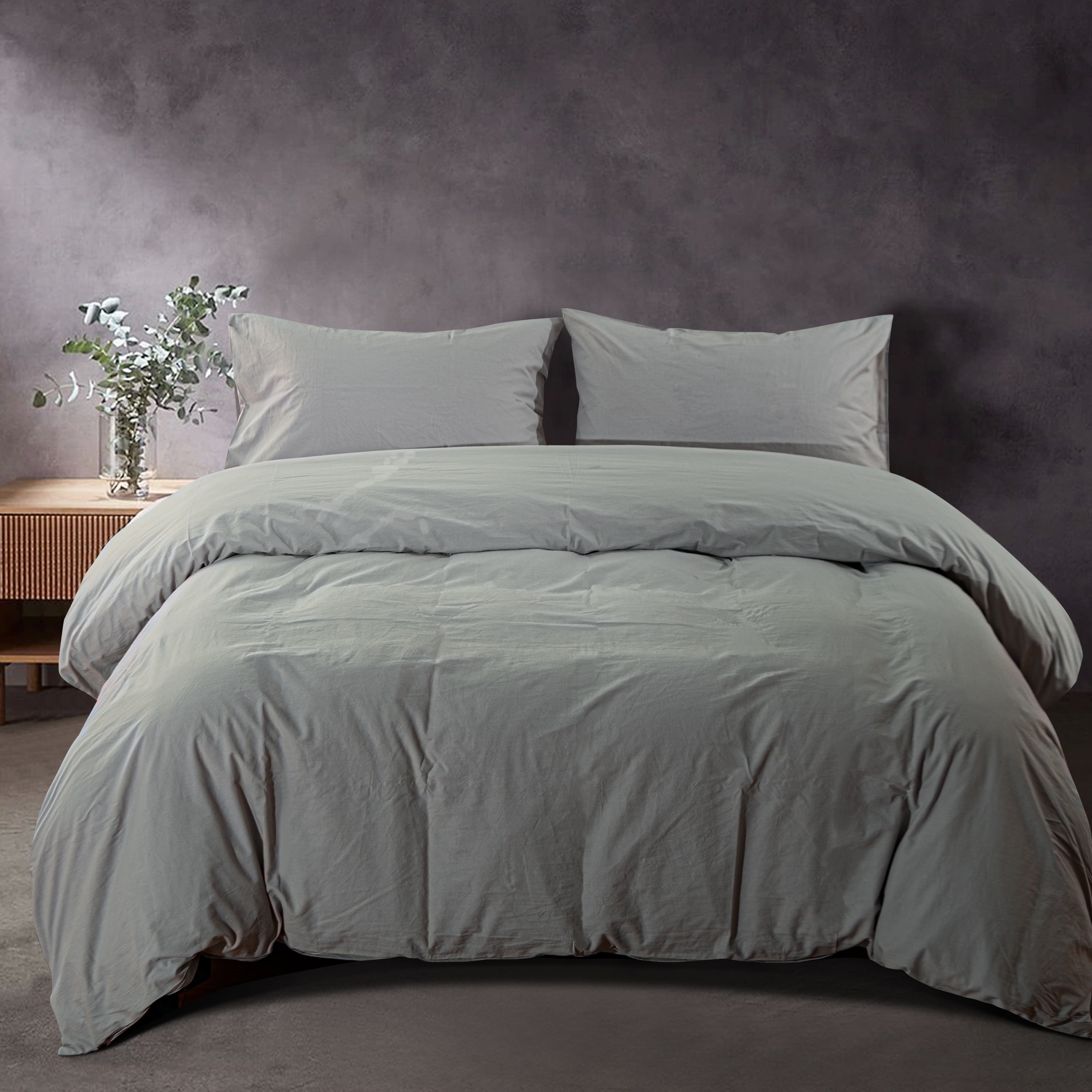 NTBAY 3 Pieces Washed Cotton Queen Duvet Cover Set, Breathable Zipper Closure Comforter Cover Set for Kids, Light Gray