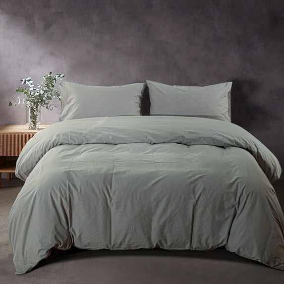 NTBAY 3 Pieces Washed Cotton Queen Duvet Cover Set, Breathable Zipper Closure Comforter Cover Set for Kids, Light Gray