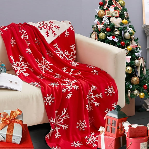 NTBAY Cotton Cable Knit Super Soft Warm Throw Blanket (51"x 67", Red and White Snowflakes)