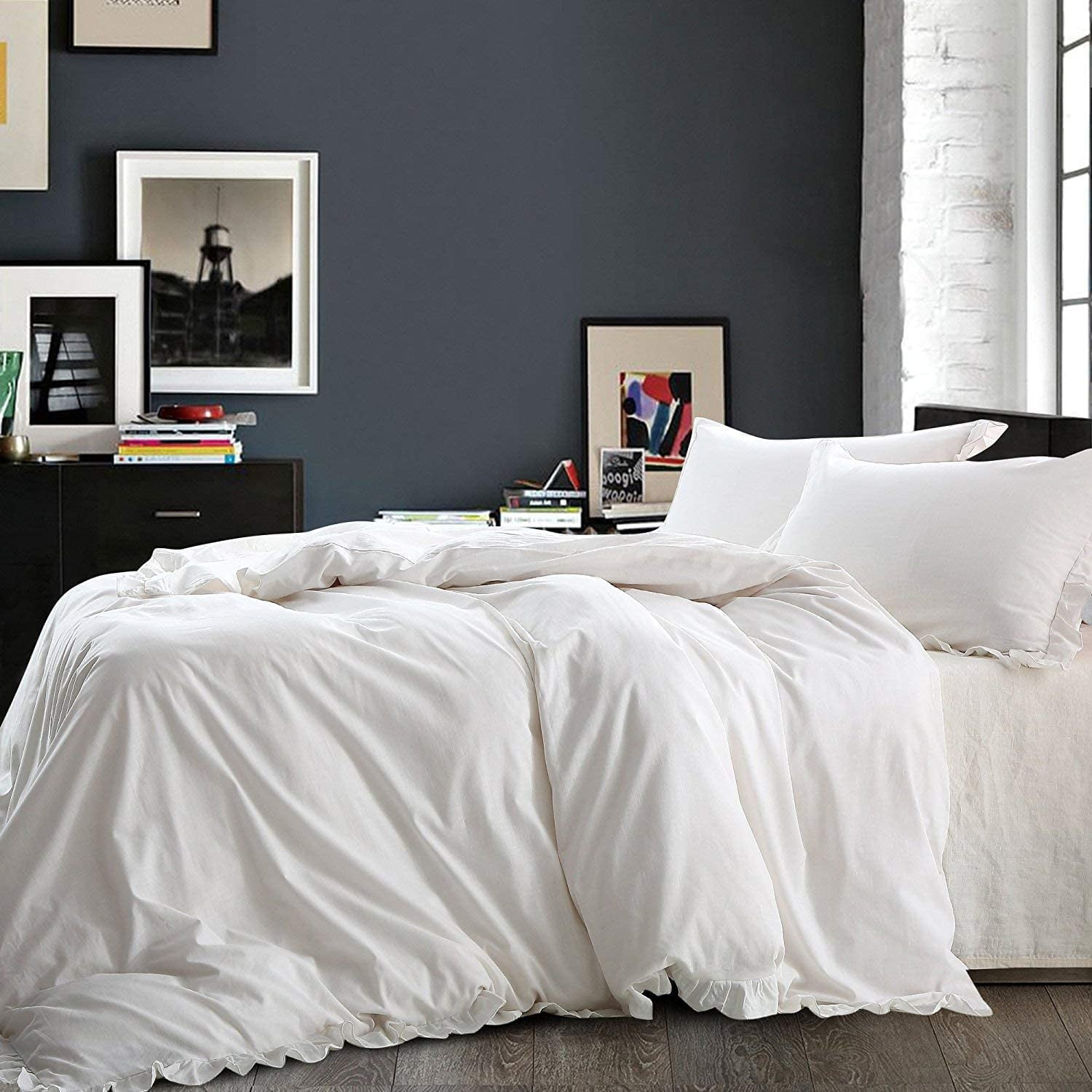 NTBAY Cotton Linen Queen Ruffled Duvet Cover with Shams Set, 3 Piece Breathable Bedding Set, White