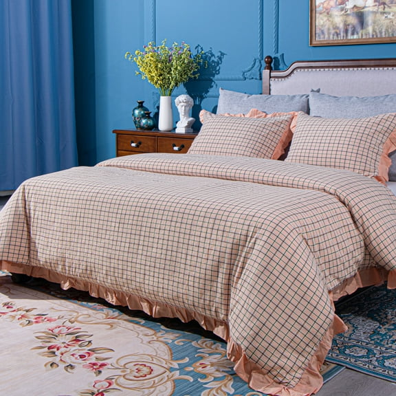 NTBAY Washed Cotton King (104"x90") Ruffled Duvet Cover Set, 3 Pieces (1 Duvet Cover + 2 Pillow Shams) Ultra Soft and Breathable Comforter Cover Set with Zipper Closure, Pink Plaid