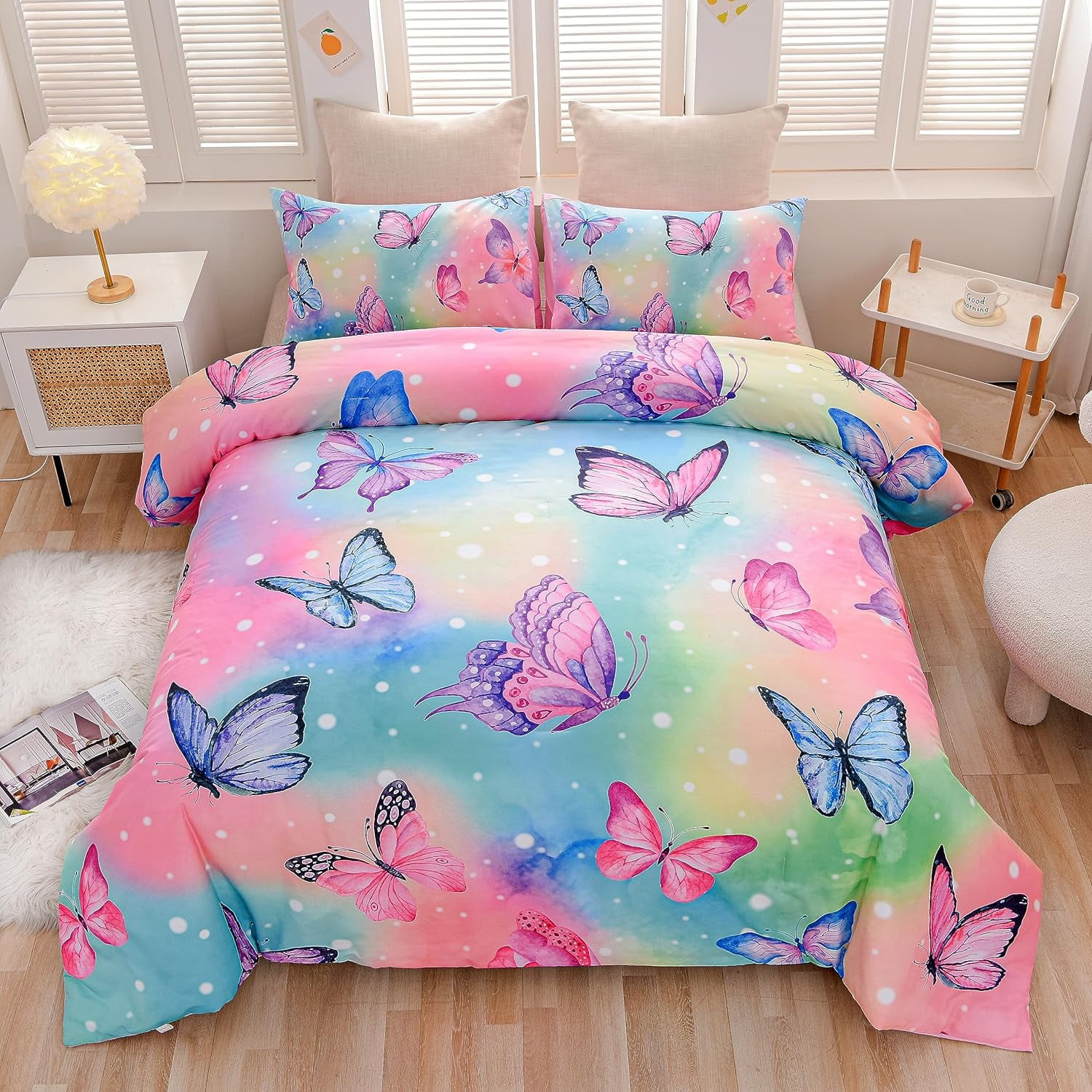 NTBED 3 Piece Queen Comforter Set with 2 Pillow Covers Pink Butterfly