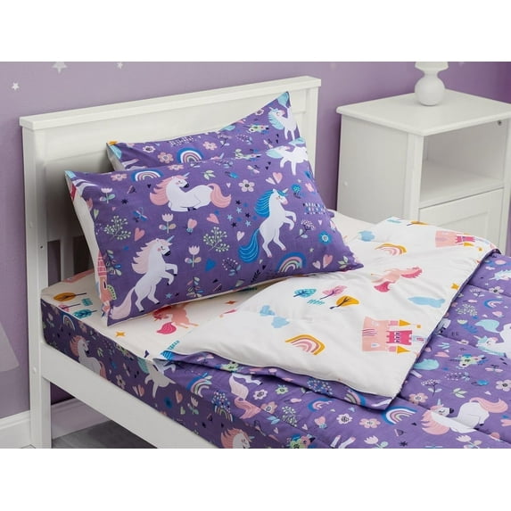 NTBED 3pcs Kids Comforter Sets Zipper Bedding Set for Girls,Twin Kid Bedding Set Rainbow Comforter Unicorn Bedding Set for Kid,All in one Zipper Bedding(Purple,Twin)