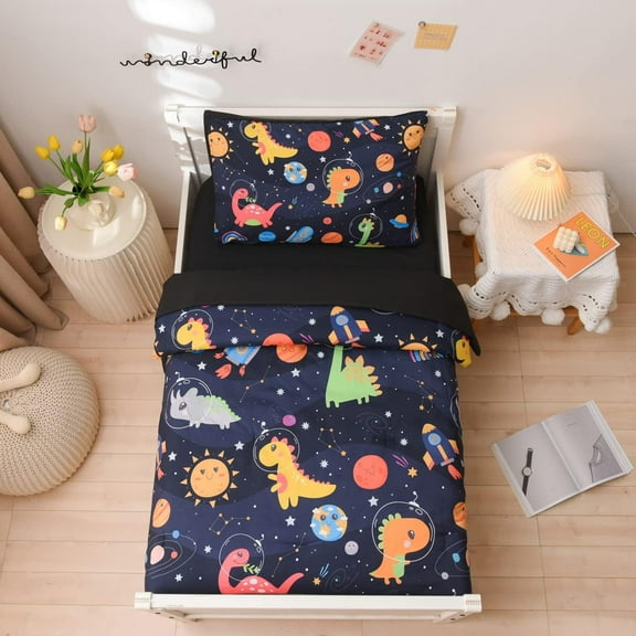 NTBED 4 Pcs Toddler Bedding Set for Baby Girls Boys Galaxy Space Dinosaur Pattern Includes Comforter, Flat Sheet, Fitted Sheet and Pillowcase