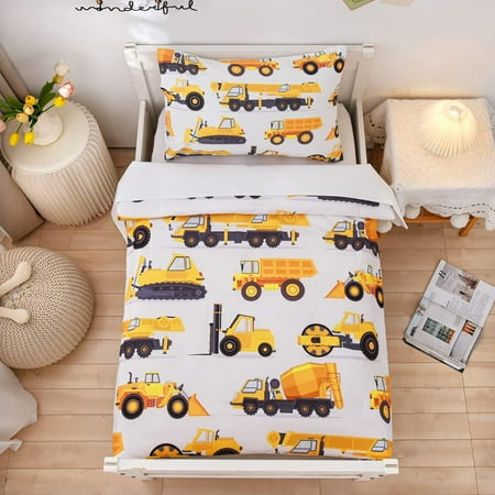NTBED 4 Pieces Construction Toddler Bedding Set for Baby Boys Truck Vehicles Excavator Cars Printed White