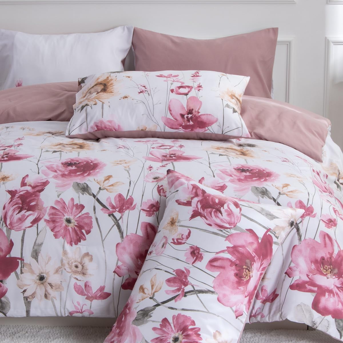 NTBED 5pcs Botanical Queen Comforter Set Pink Watercolor Flowers