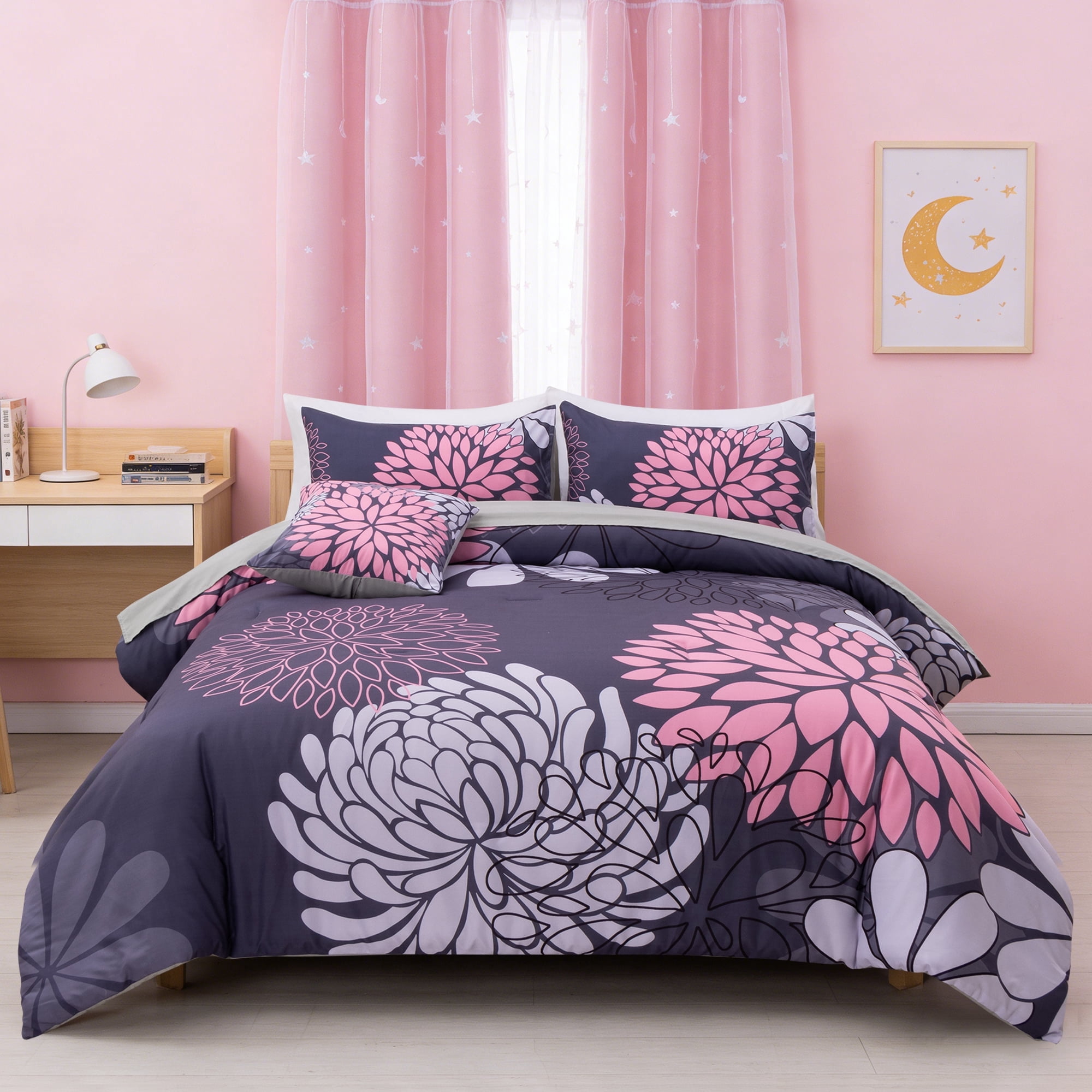 NTBED 6 Pieces Pink Floral Comforter Set Twin Size, Botanical Bedding Sets with Cute Flowers Printing for Teen Girls Bed in a Bag
